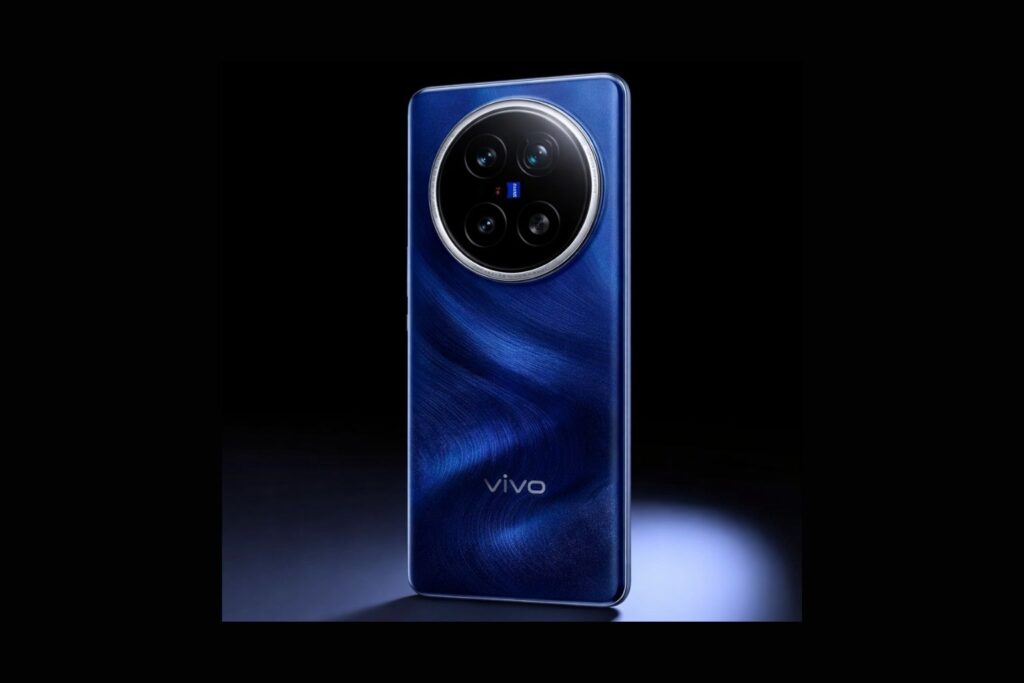 "Vivo X200 Pro standing vertically in blue finish, showing circular Zeiss camera module and textured back design"