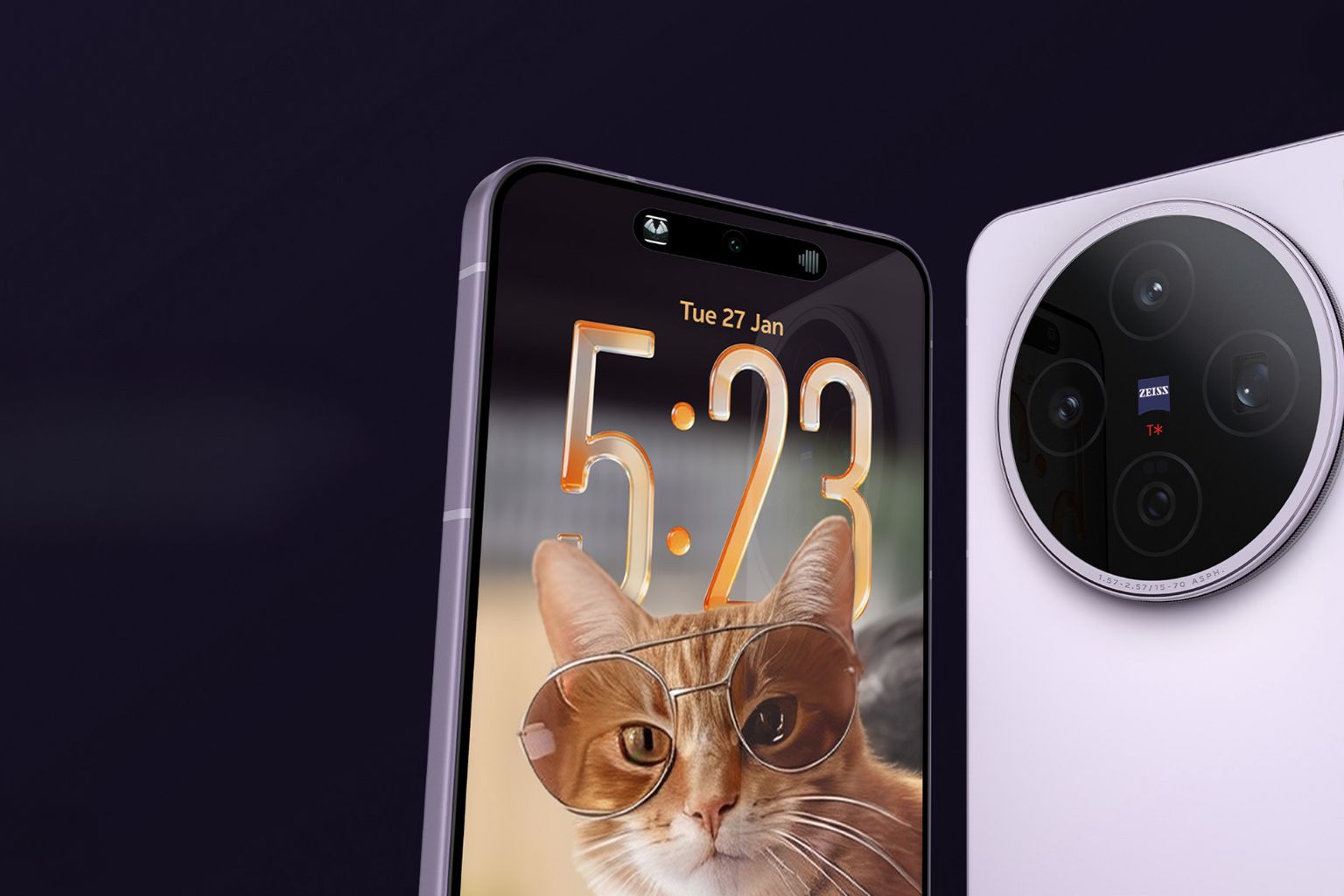 vivo X200T smartphone showing slim aluminium frame, front display, and circular ZEISS camera module in purple colour