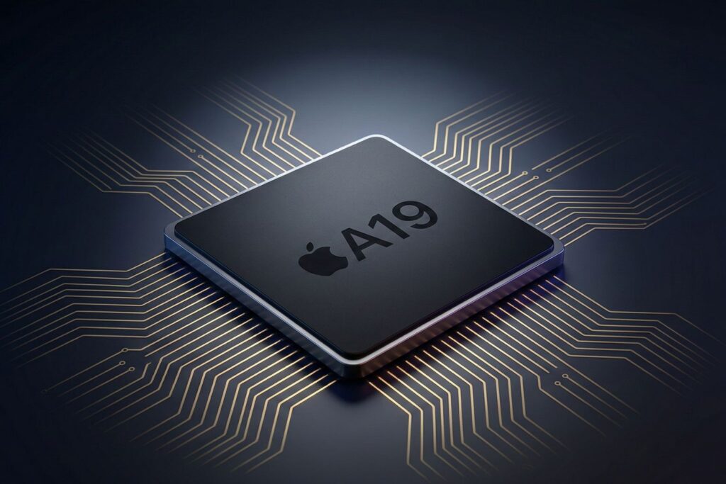 Apple A19 chip concept render with glowing gold circuitry on dark motherboard background.