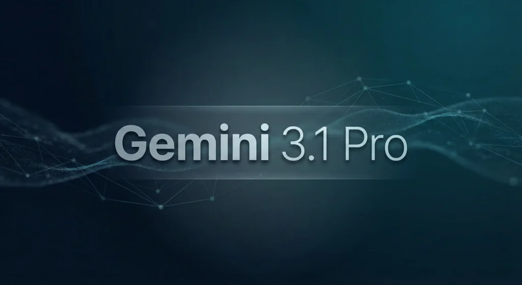 Gemini 3.1 Pro text displayed on a dark blue gradient background with abstract digital wave lines and network nodes.