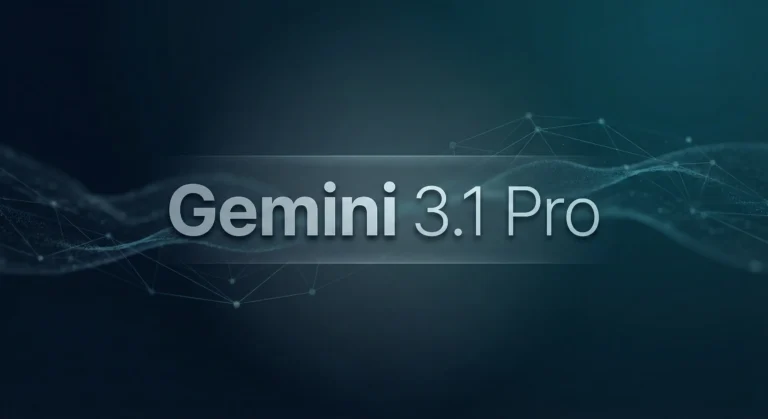 Gemini 3.1 Pro text displayed on a dark blue gradient background with abstract digital wave lines and network nodes.