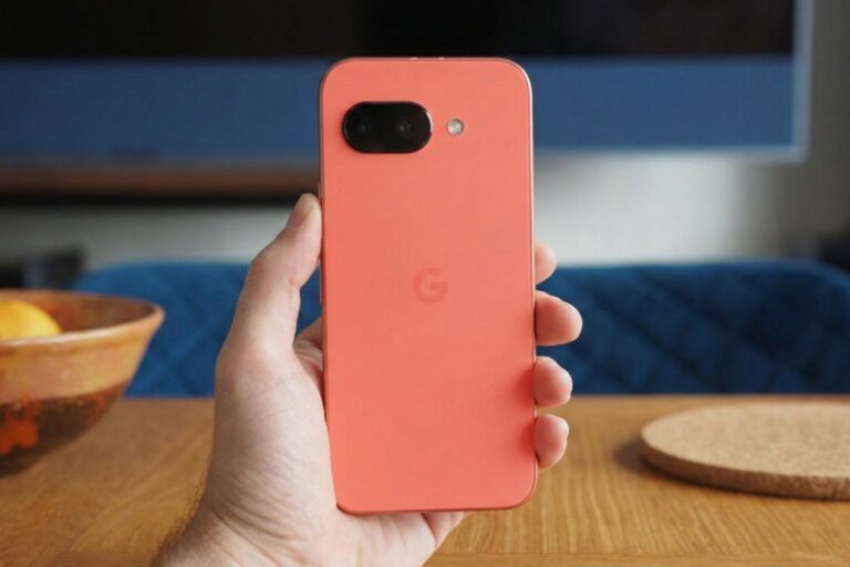 "A hand holding a coral-colored Google Pixel 10a smartphone, showcasing the new flush, pill-shaped rear camera module and "G" logo against a background of a wooden table and a blue chair."
