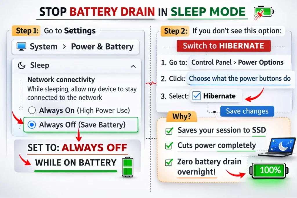 Windows 11 sleep settings with Network connectivity set to Always Off and Hibernate enabled to stop battery drain.