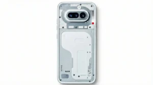 Rear view of the Nothing Phone 4a Pro featuring a transparent-style white back panel and dual-camera module in a raised oval housing on a clean white background.