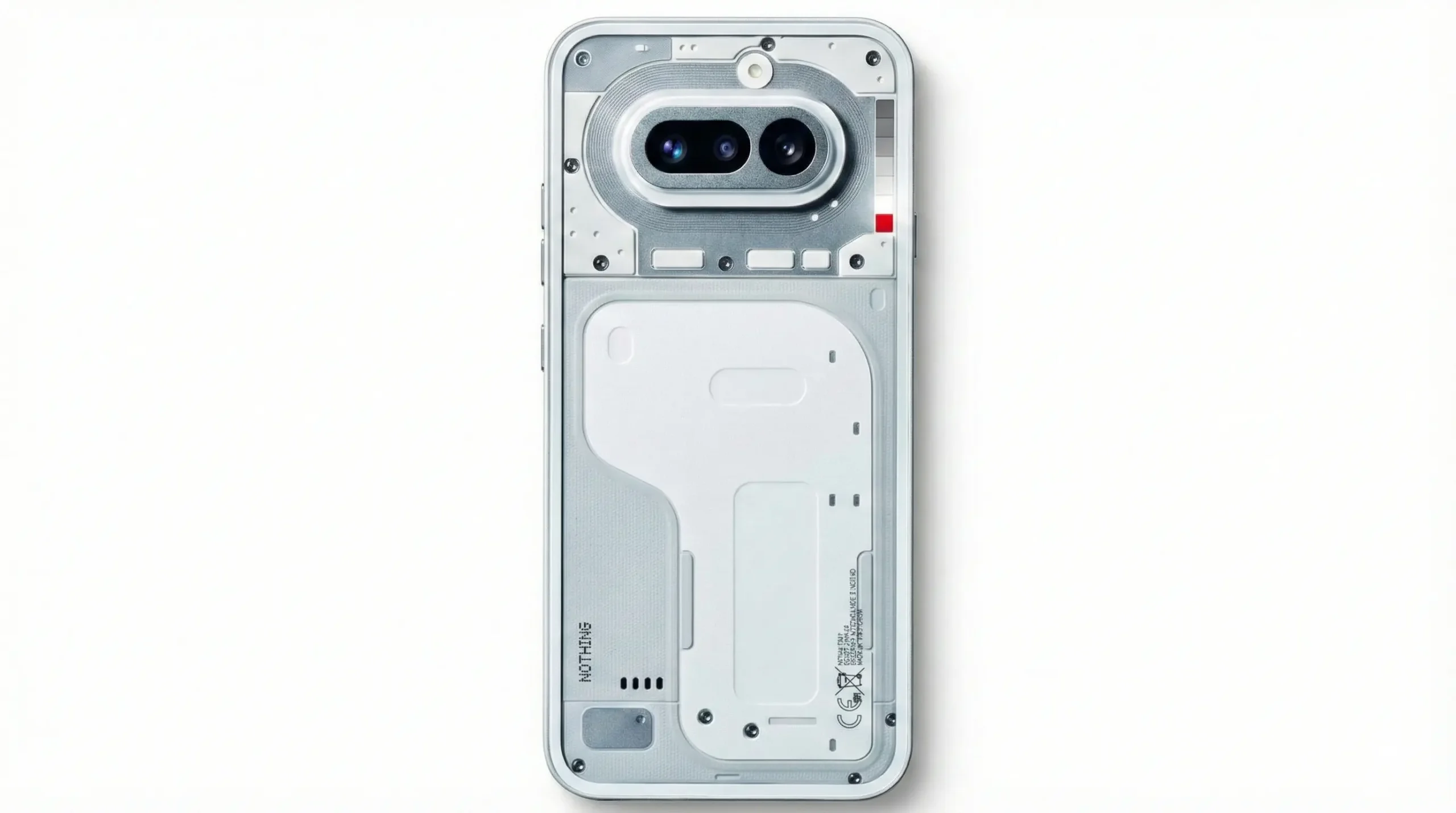 Rear view of the Nothing Phone 4a Pro featuring a transparent-style white back panel and dual-camera module in a raised oval housing on a clean white background.