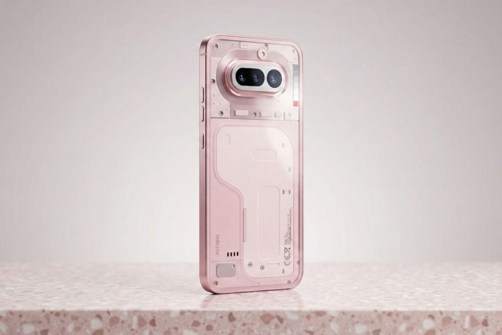 Pink Nothing Phone rear design with dual camera module and transparent back panel on minimal background.