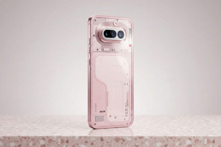 Pink Nothing Phone rear design with dual camera module and transparent back panel on minimal background.