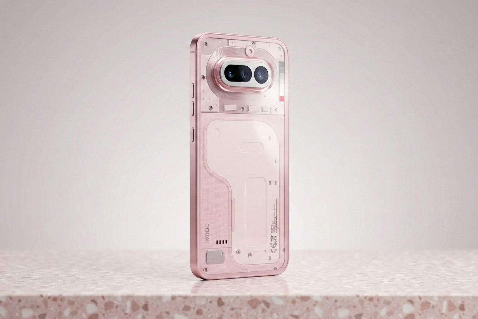 Pink Nothing Phone rear design with dual camera module and transparent back panel on minimal background.