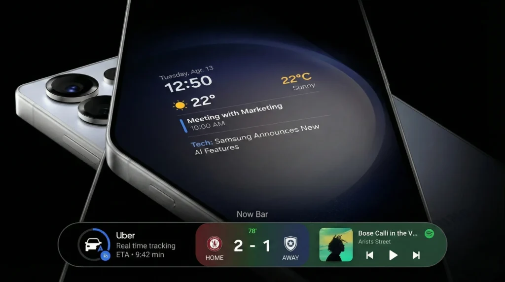 Samsung Galaxy S25 Ultra displaying the Now Bar on the lock screen with live Uber tracking, sports score update, and music controls, alongside a contextual AI summary showing weather, time, and calendar notifications.