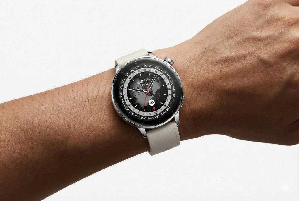 Person wearing the silver OnePlus Watch 3 on the left wrist, showing a round world-time watch face with titanium bezel and light-colored textured strap against a neutral background.