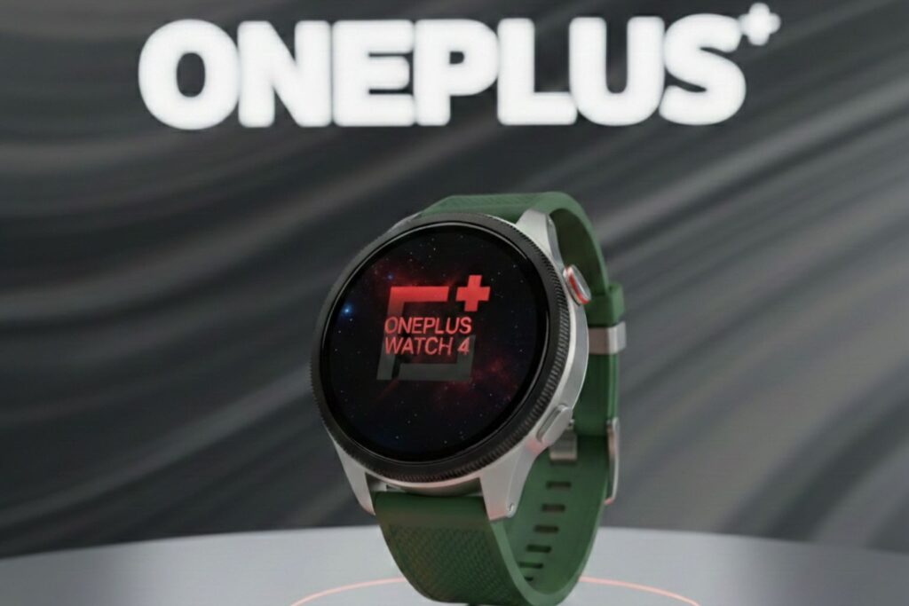 OnePlus Watch 4 smartwatch product render with green strap and round display