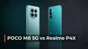 POCO M8 5G and Realme P4X shown side by side on a dark gradient background with the headline “POCO M8 5G vs Realme P4X” for a smartphone comparison article.