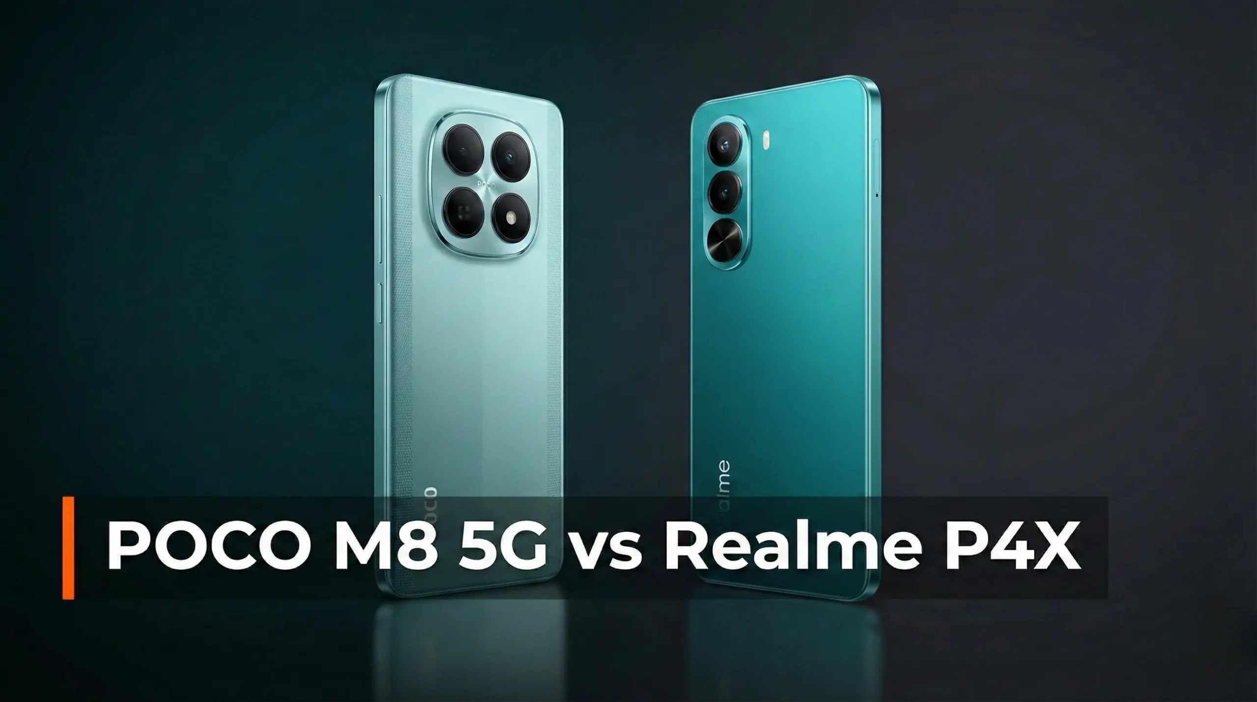 POCO M8 5G and Realme P4X shown side by side on a dark gradient background with the headline “POCO M8 5G vs Realme P4X” for a smartphone comparison article.