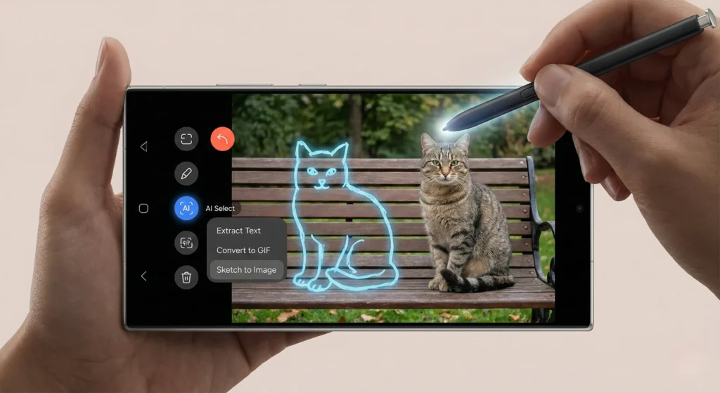 Samsung Galaxy S25 Ultra using S Pen AI Select to outline a cat in a photo, with on-screen options to extract text, convert to GIF, or use Sketch to Image from the Air Command menu.