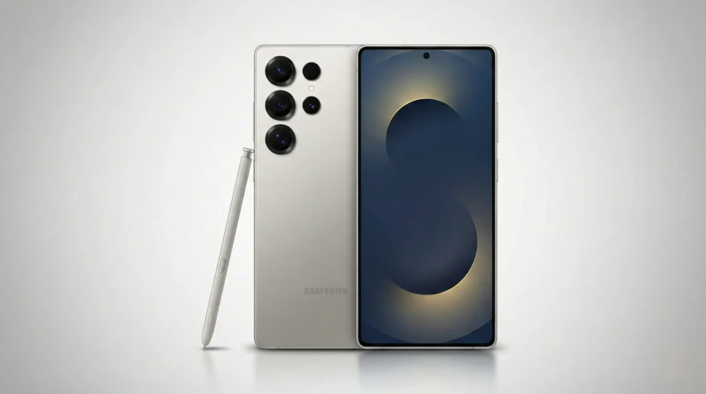 Samsung Galaxy S25 Ultra shown from the front and back in a light silver finish with S Pen beside it, featuring a minimal blue abstract wallpaper on the display against a clean studio background.