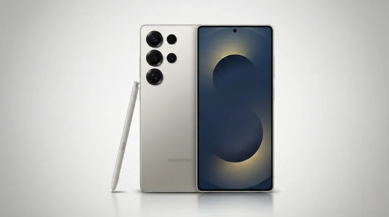 Samsung Galaxy S25 Ultra shown from the front and back in a light silver finish with S Pen beside it, featuring a minimal blue abstract wallpaper on the display against a clean studio background.