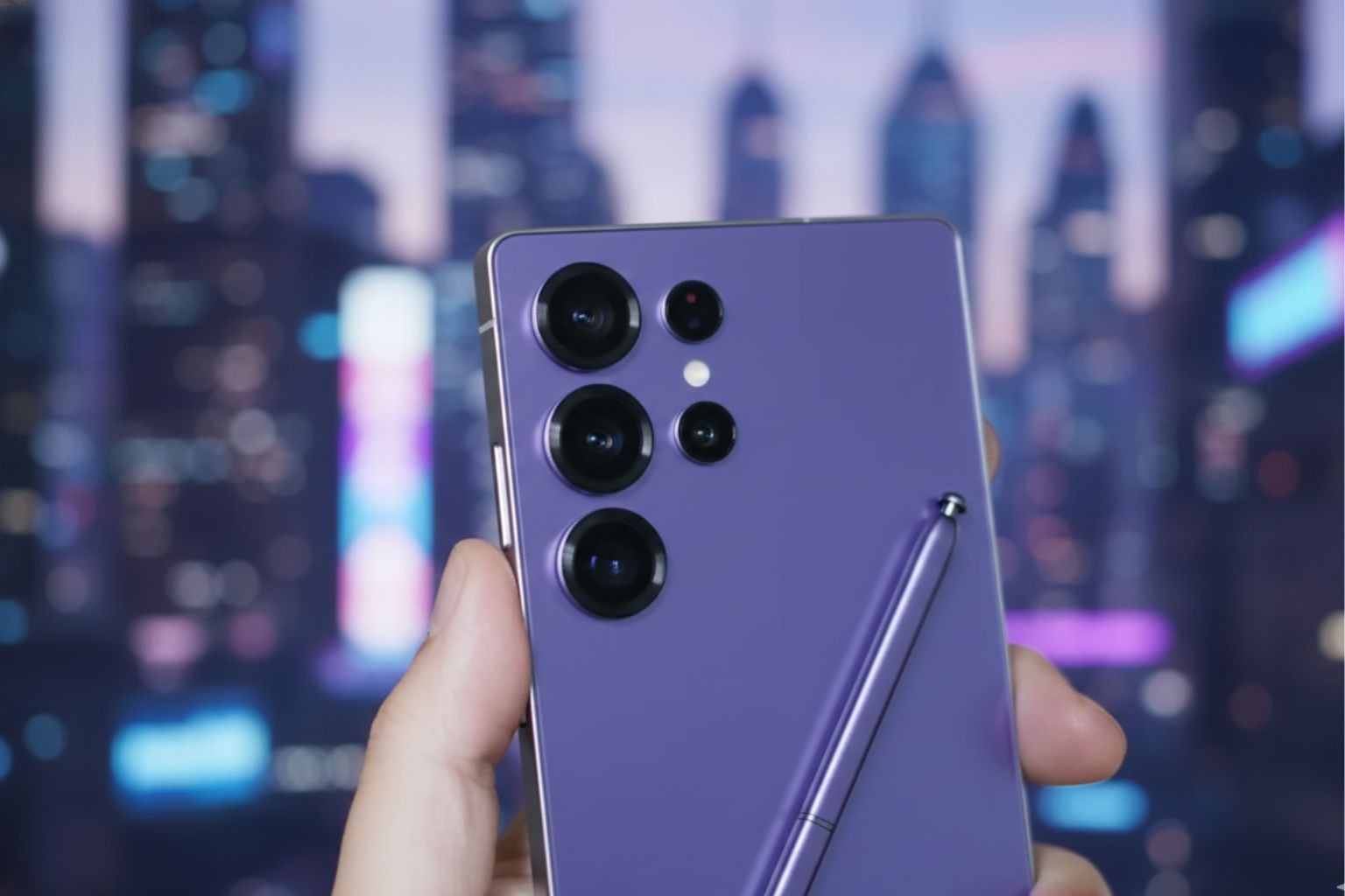 "Leaked render of the Samsung Galaxy S26 Ultra in Cobalt Violet featuring the new dual-tone S Pen design."