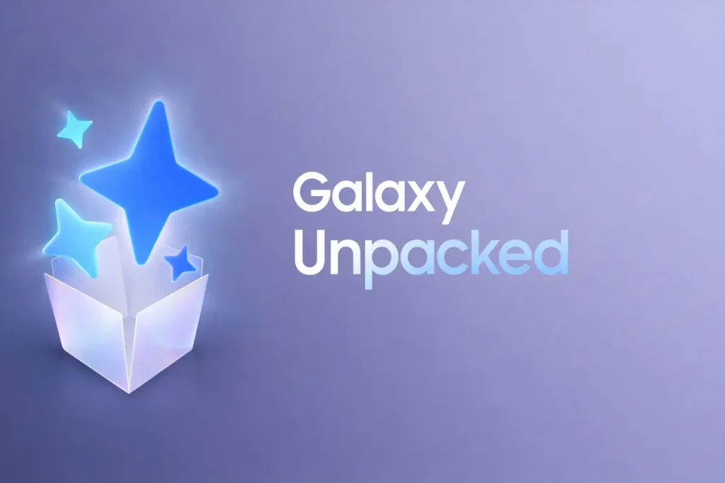A Samsung-Galaxy-S26-Ultra, Galaxy Unpacked banner showing glowing blue stars rising from an open white box against a soft gradient background.