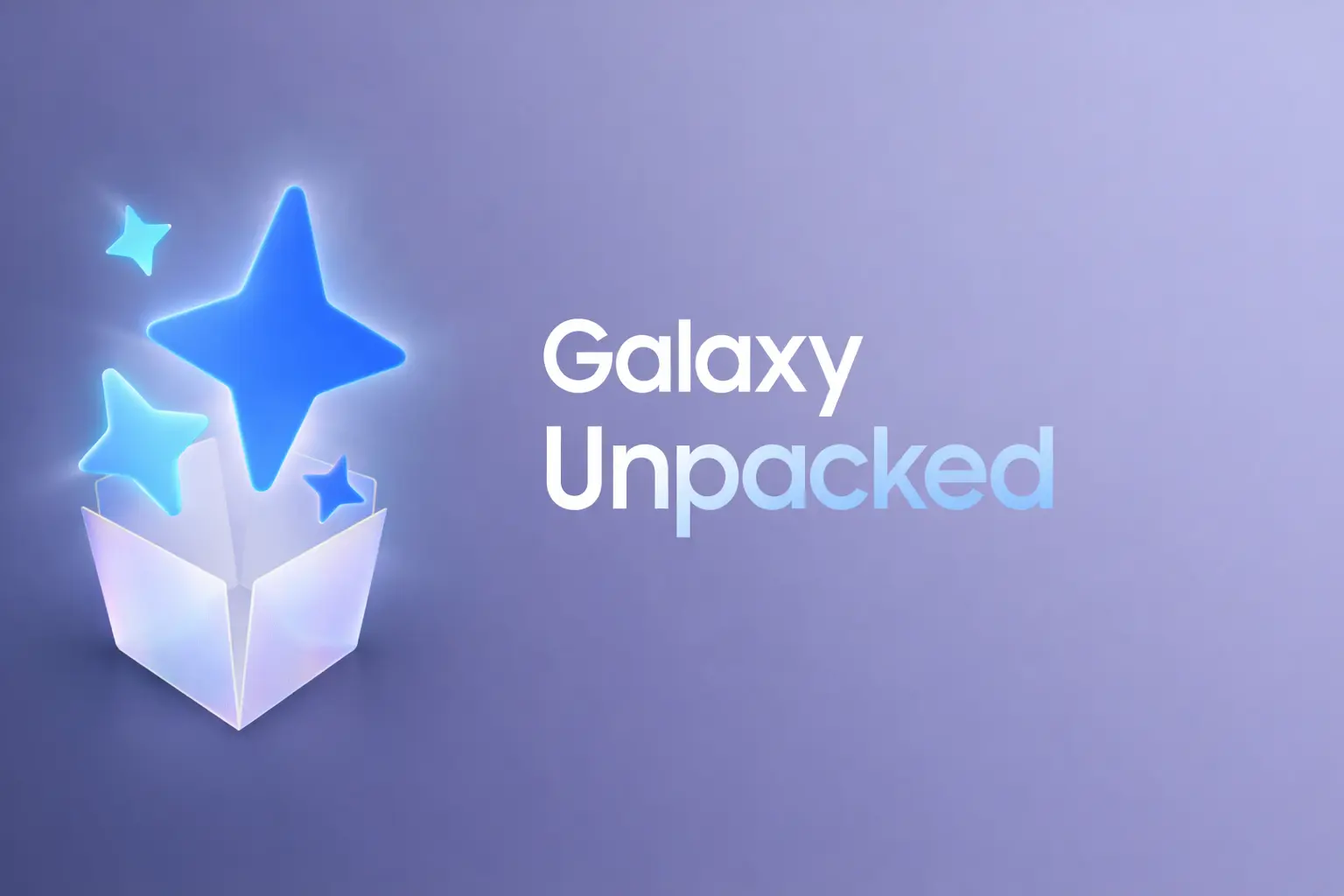 A Samsung-Galaxy-S26-Ultra, Galaxy Unpacked banner showing glowing blue stars rising from an open white box against a soft gradient background.