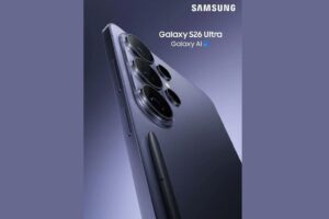 "Samsung Galaxy S26 Ultra showing rear design with quad camera setup and integrated S Pen."