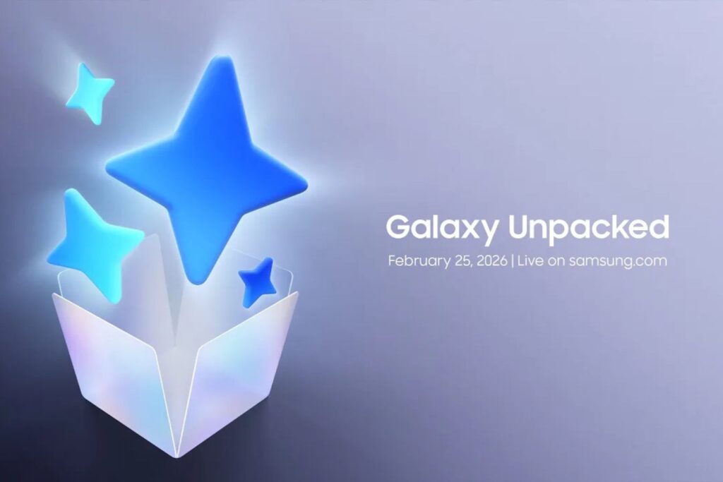 "Samsung Galaxy Unpacked February 25, 2026 event teaser image featuring glowing blue stars emerging from an open box with event date and livestream details on samsung.com."