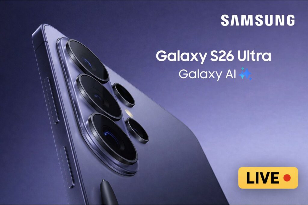 Samsung Galaxy S26 Ultra promo image with quad cameras, S Pen, and a LIVE badge on a blue gradient background.