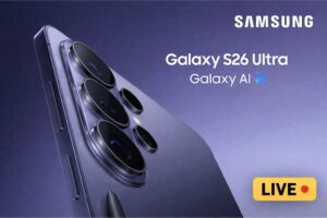 Samsung Galaxy S26 Ultra promo image with quad cameras, S Pen, and a LIVE badge on a blue gradient background.
