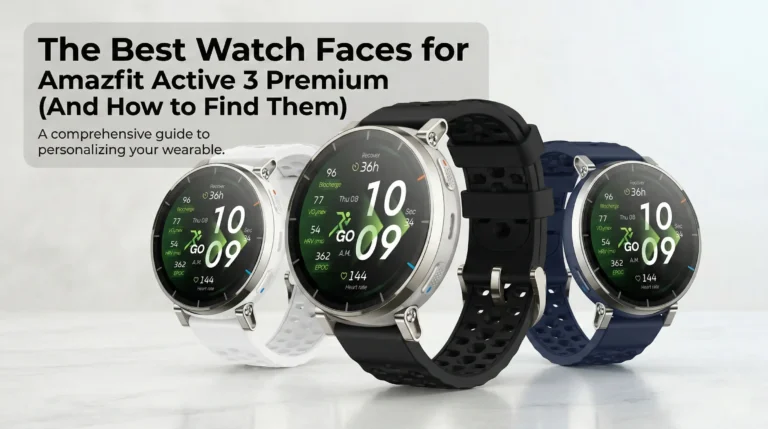 "Three Amazfit Active 3 Premium smartwatches in white, black, and blue, presented as a guide for best watch faces").