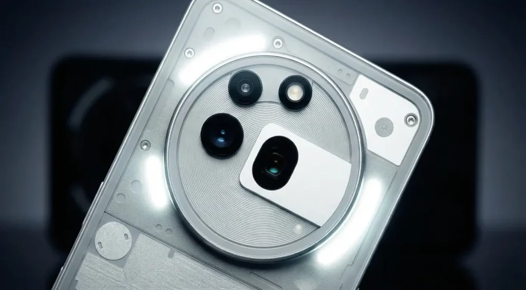 Close-up of the white Nothing Phone 4a’s rear camera module, showing the large circular lens housing and illuminated Glyph LED strips, with a blurred black variant in the background.