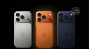 Rear view of three iPhone 17 Pro Max models in silver, orange, and blue showing triple-camera design
