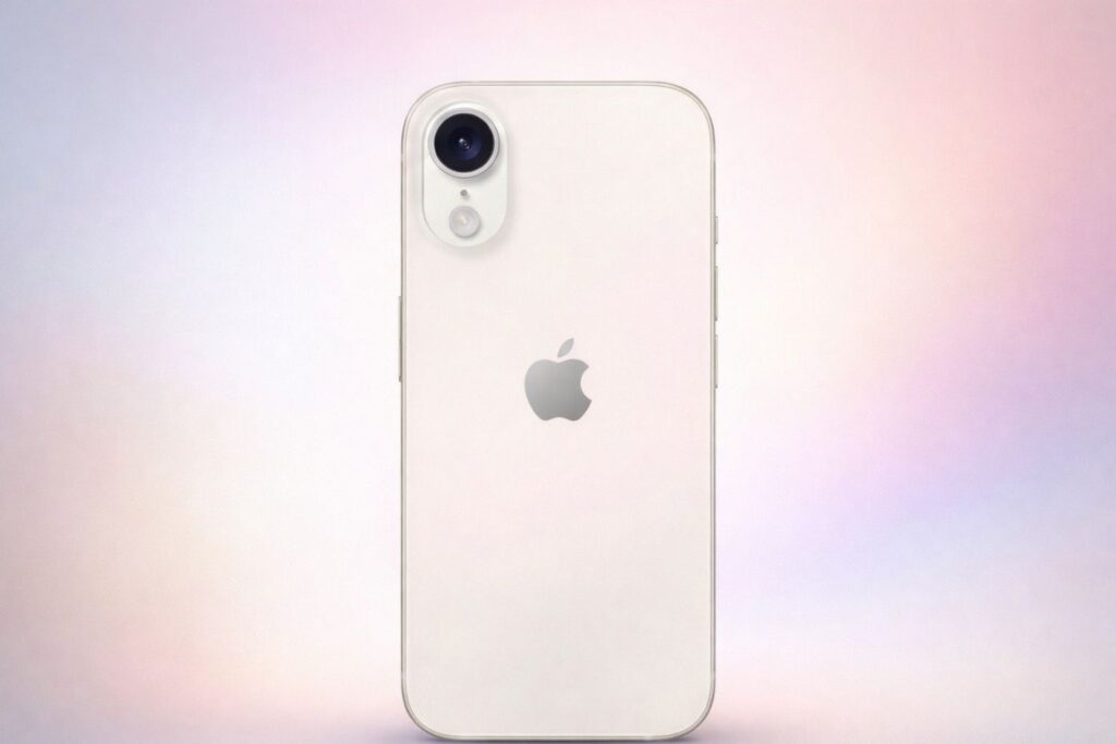 Concept render of iPhone 17e rear design in silver with Apple logo and single camera module.