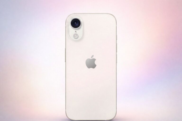 Concept render of iPhone 17e rear design in silver with Apple logo and single camera module.