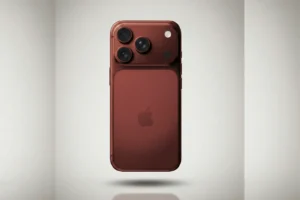 "A photorealistic studio hero shot of a dark red concept iPhone viewed from the back. The phone features a matte finish, a large camera module with three lenses, and the Apple logo, hovering over a faint floor reflection against a clean, light-gray gradient background."