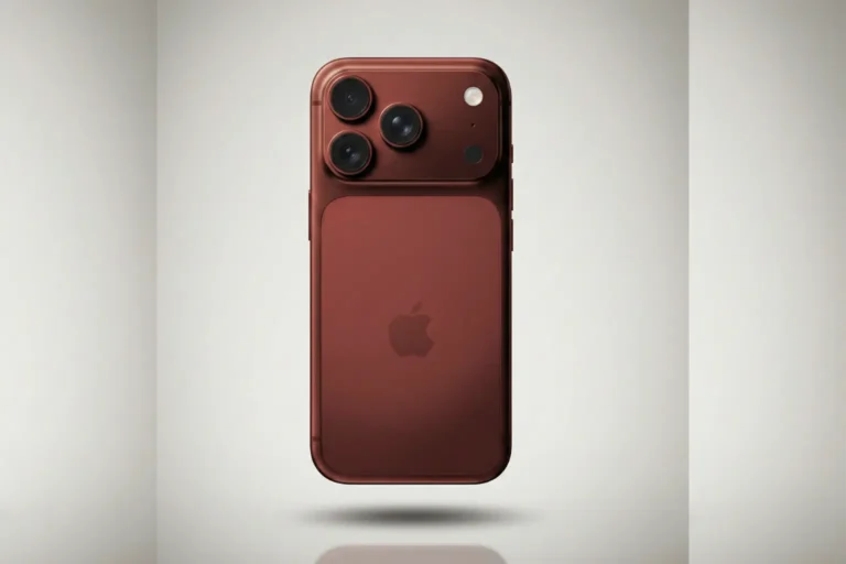 "A photorealistic studio hero shot of a dark red concept iPhone viewed from the back. The phone features a matte finish, a large camera module with three lenses, and the Apple logo, hovering over a faint floor reflection against a clean, light-gray gradient background."