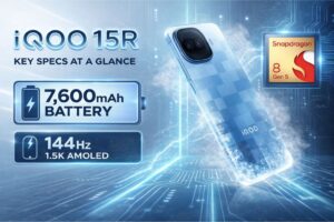 iQOO 15R smartphone showing key specs including Snapdragon 8 Gen 5 processor, 7600mAh battery, and 144Hz 1.5K AMOLED display