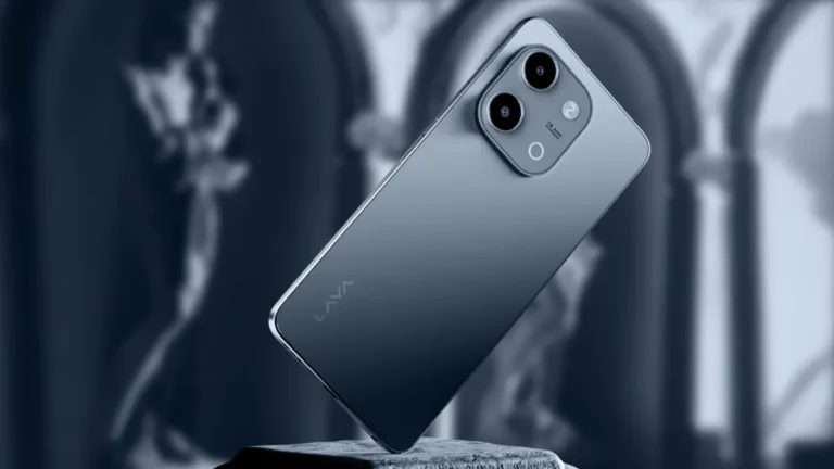 Rear view of the Lava Bold N2 in Indus Black color, showcasing its dual camera module with 13MP sensor and premium matte finish.