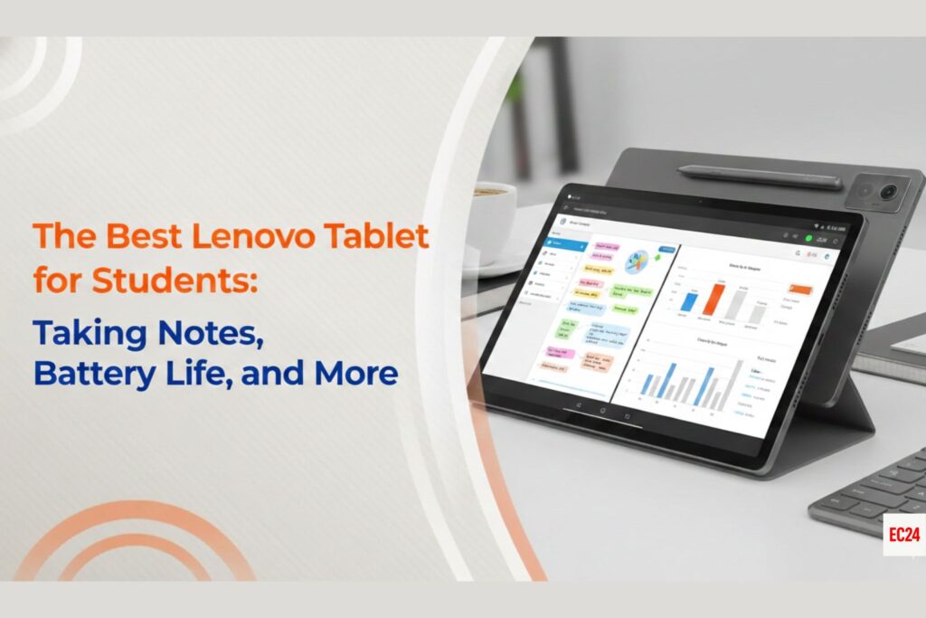 Lenovo tablet with stylus and keyboard setup for students focused on note-taking and long battery life