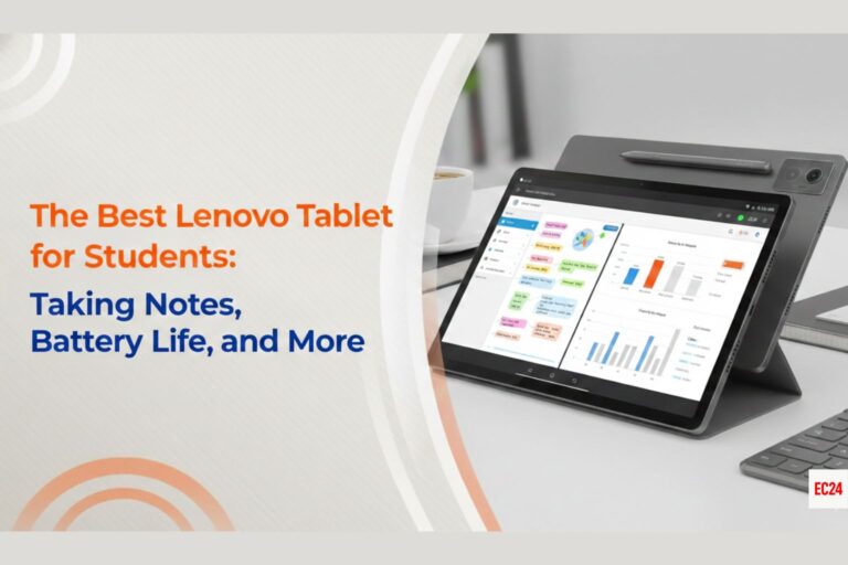 Lenovo tablet with stylus and keyboard setup for students focused on note-taking and long battery life