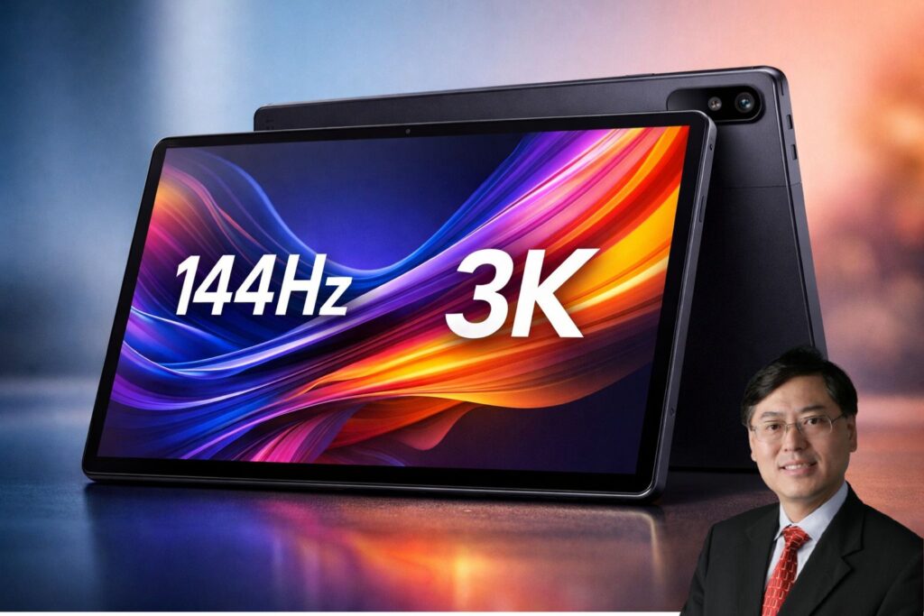 Lenovo CEO Yang Yuanqing pictured alongside the Lenovo Yoga Tab Plus, showcasing its 32.25cm 3K display with a 144Hz refresh rate and vibrant abstract wallpaper.