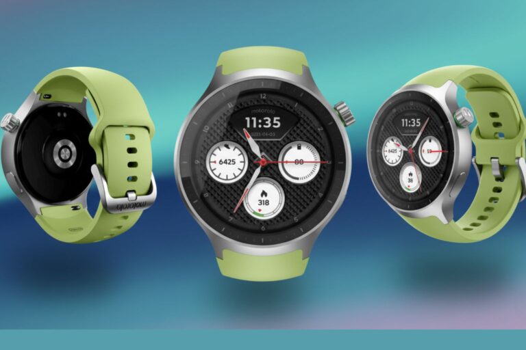 Three views of the new Moto Watch in lime green, showing the front watch face with fitness metrics, the side profile with the stainless steel crown, and the rear heart rate sensor.