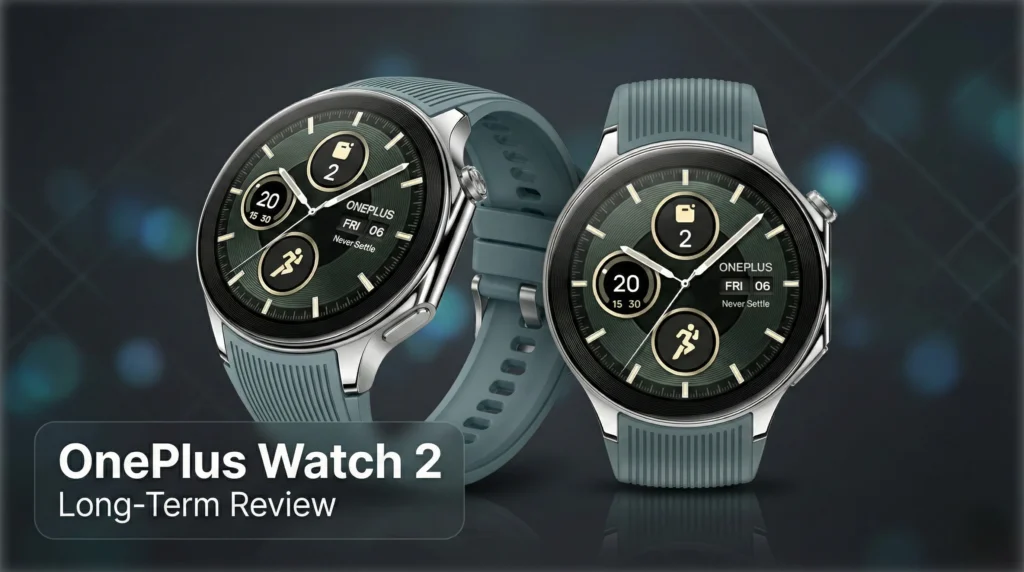 An angled and front-facing view of a OnePlus Watch 2 with a dark green face and blue strap, set against a charcoal tech-textured background with "OnePlus Watch 2 Long-Term Review" text.