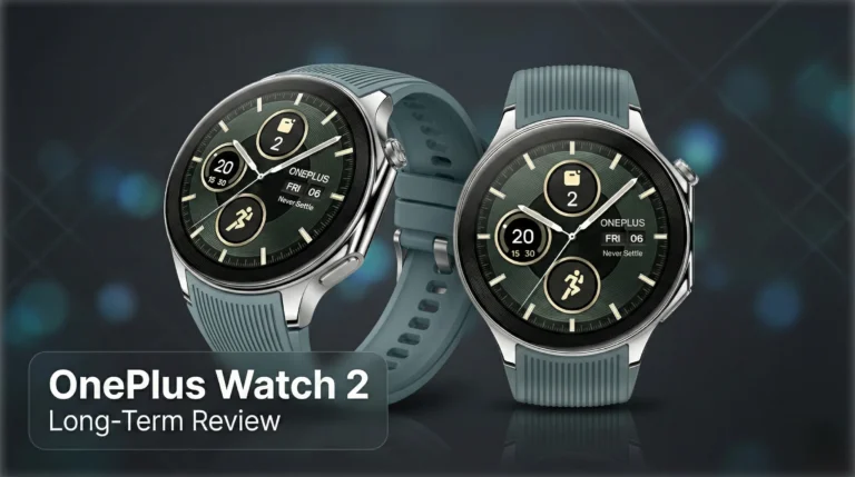 An angled and front-facing view of a OnePlus Watch 2 with a dark green face and blue strap, set against a charcoal tech-textured background with "OnePlus Watch 2 Long-Term Review" text.
