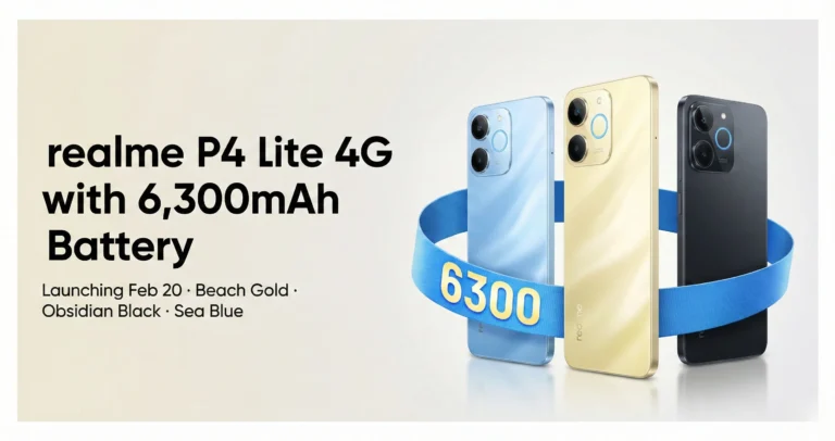 "Realme P4 Lite 4G in three colors showing 6,300mAh battery capacity, launching February 20"