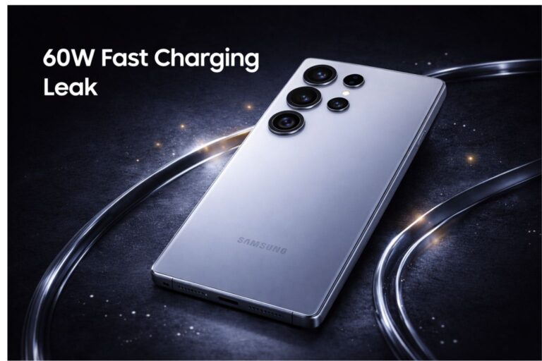 Galaxy S26 Ultra smartphone rear design showing quad camera layout in a dark hero image highlighting a 60W fast charging leak