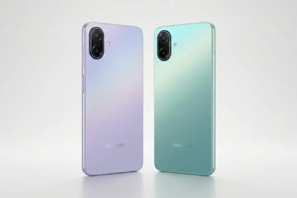 Samsung Galaxy A07 5G rear design in purple and green color options featuring dual camera setup