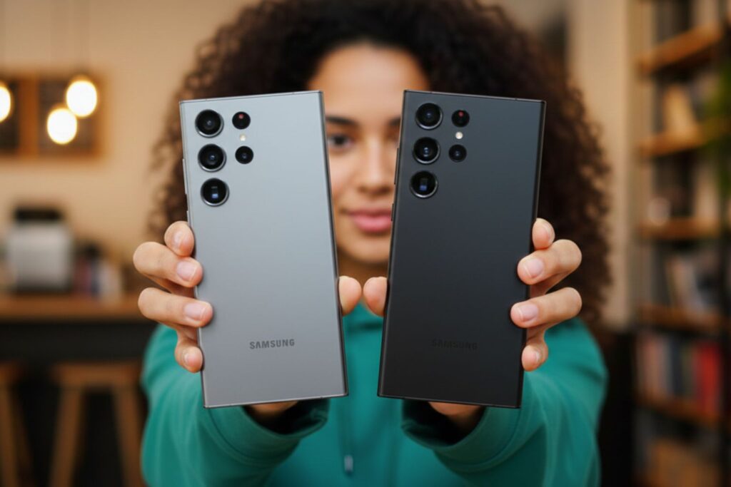 A person holding two Samsung Galaxy S25 Ultra smartphones in Titanium Gray and Titanium Black finishes, showcasing the rear camera array and premium matte texture.