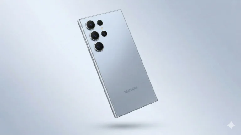 Rear view of the Samsung Galaxy S26 Ultra in Titanium Silver, floating against a clean studio background, highlighting its quad-camera system and sleek design.