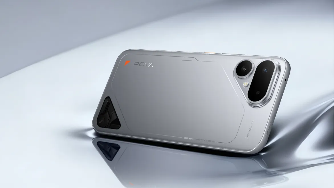 Tecno Pova Curve 2 5G in Storm Titanium color showing triangular camera module and slim 7.42mm profile