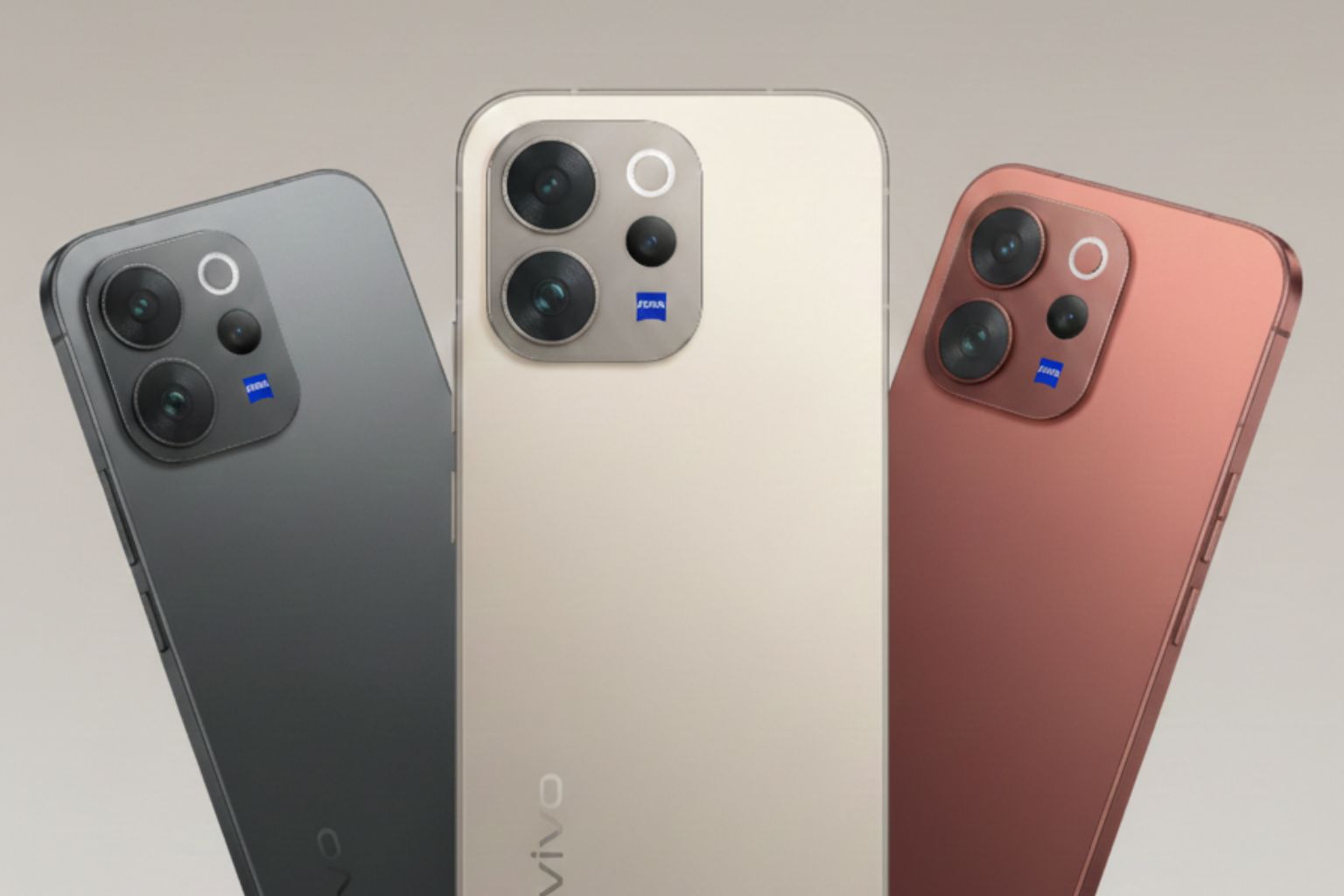 Three Vivo V70 series smartphones in grey, champagne gold, and bronze, showcasing the ZEISS branded camera modules under the headline Vivo V70 Series Launch