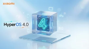 A futuristic tech banner featuring the text "HyperOS 4.0" in bold, glowing blue neon font against a bright sky-blue gradient background with a floating 3D glass cube and Xiaomi branding.